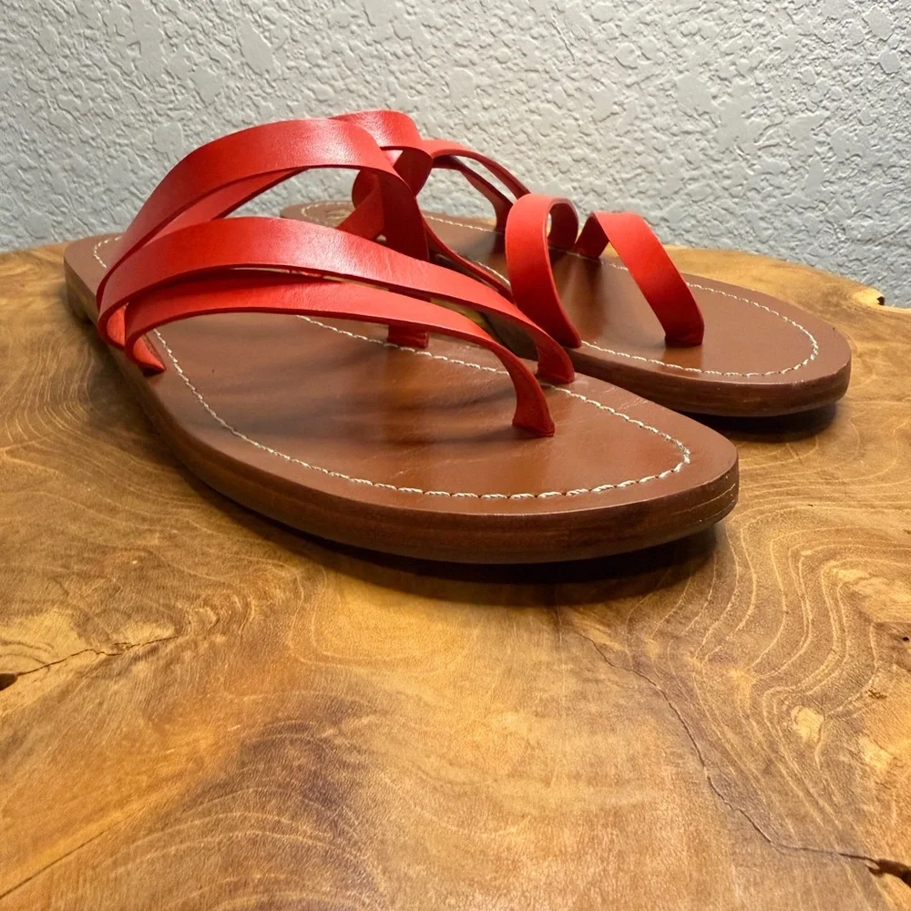 Tory Burch Patos Flat Slide Sandals in Samba Red Vachetta Leather Womens sz 7.5M